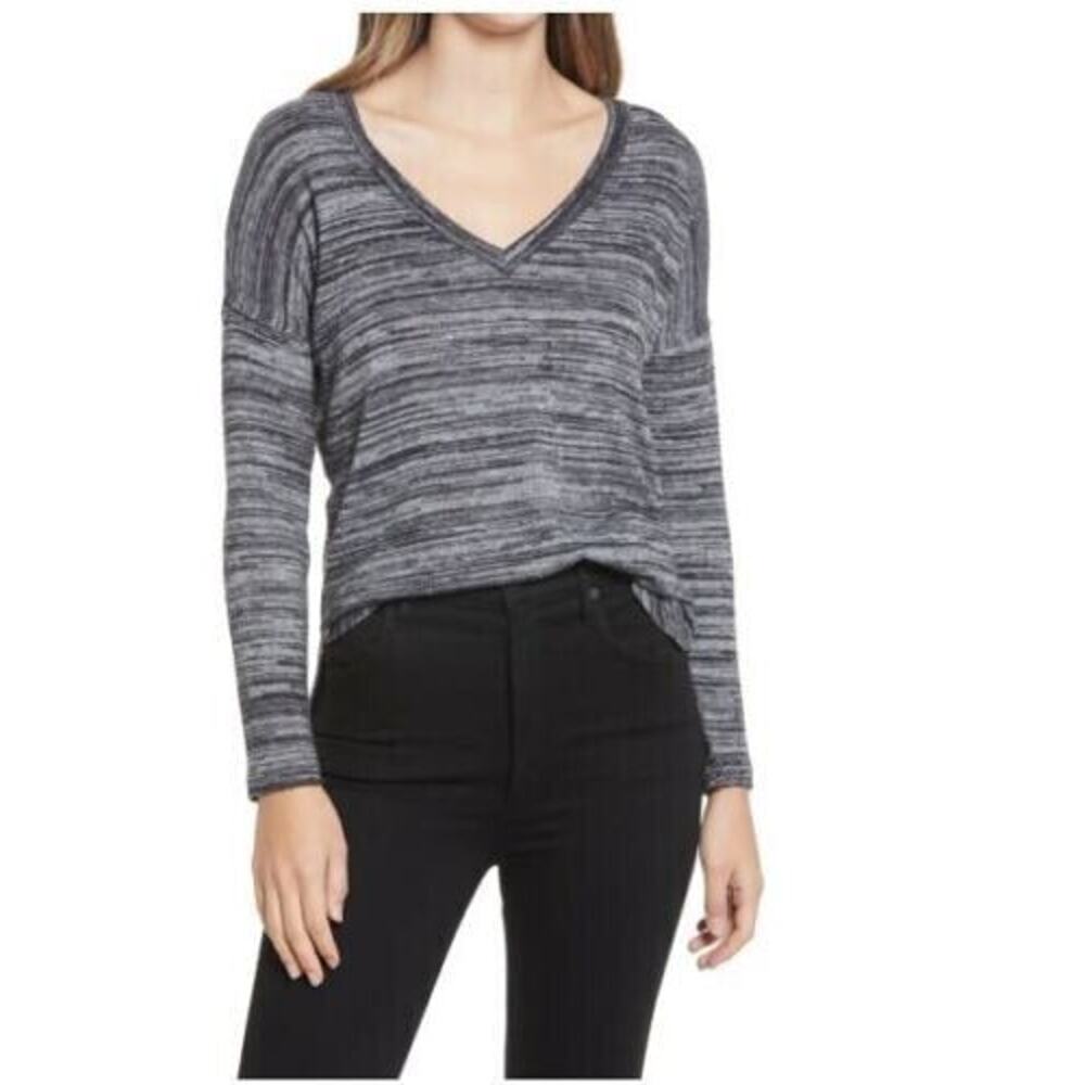Bobeau Women's Space Dyed V-Neck Knit Top In Raven‎ Mix Medium MSRP $54